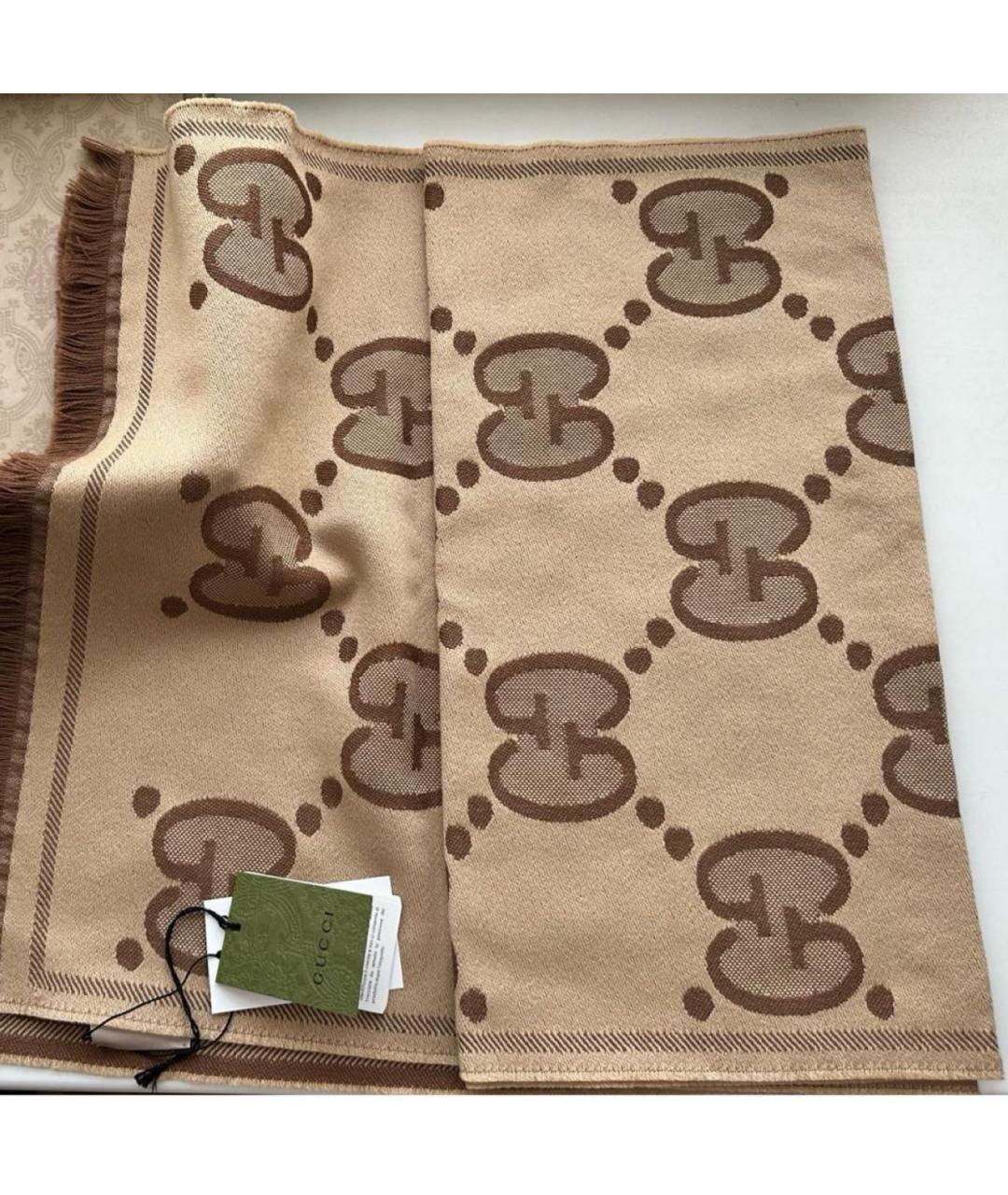 GUCCI Коричневый шерстяной шарф, фото 2