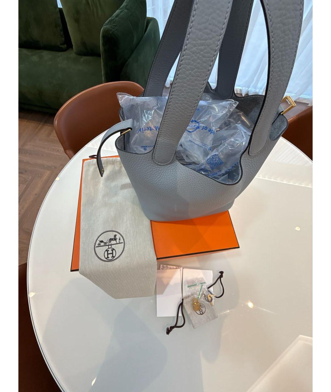 HERMES Голубая кожаная сумка с короткими ручками, фото 6