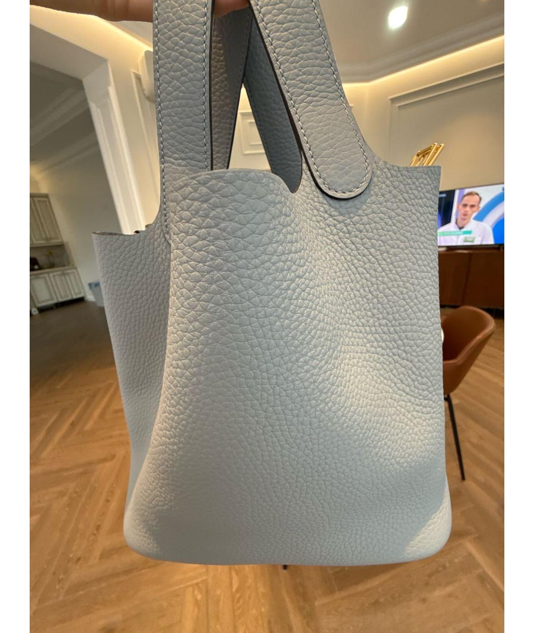 HERMES Голубая кожаная сумка с короткими ручками, фото 5