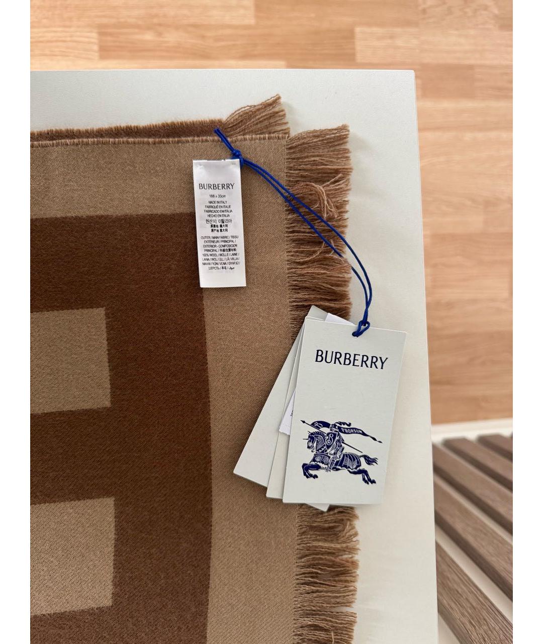 BURBERRY Коричневый шерстяной шарф, фото 6