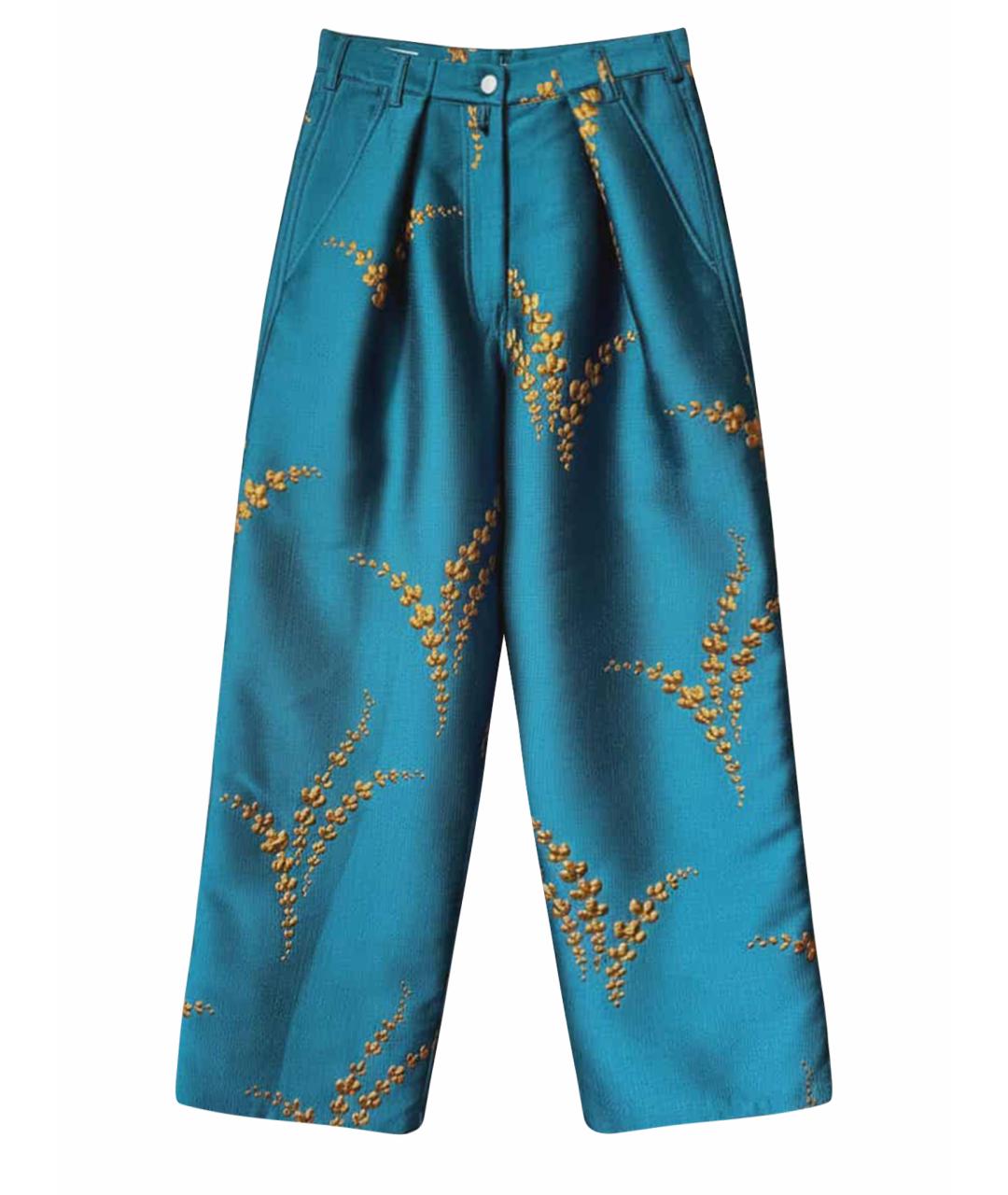 DRIES VAN NOTEN Бирюзовые шелковые прямые брюки, фото 1