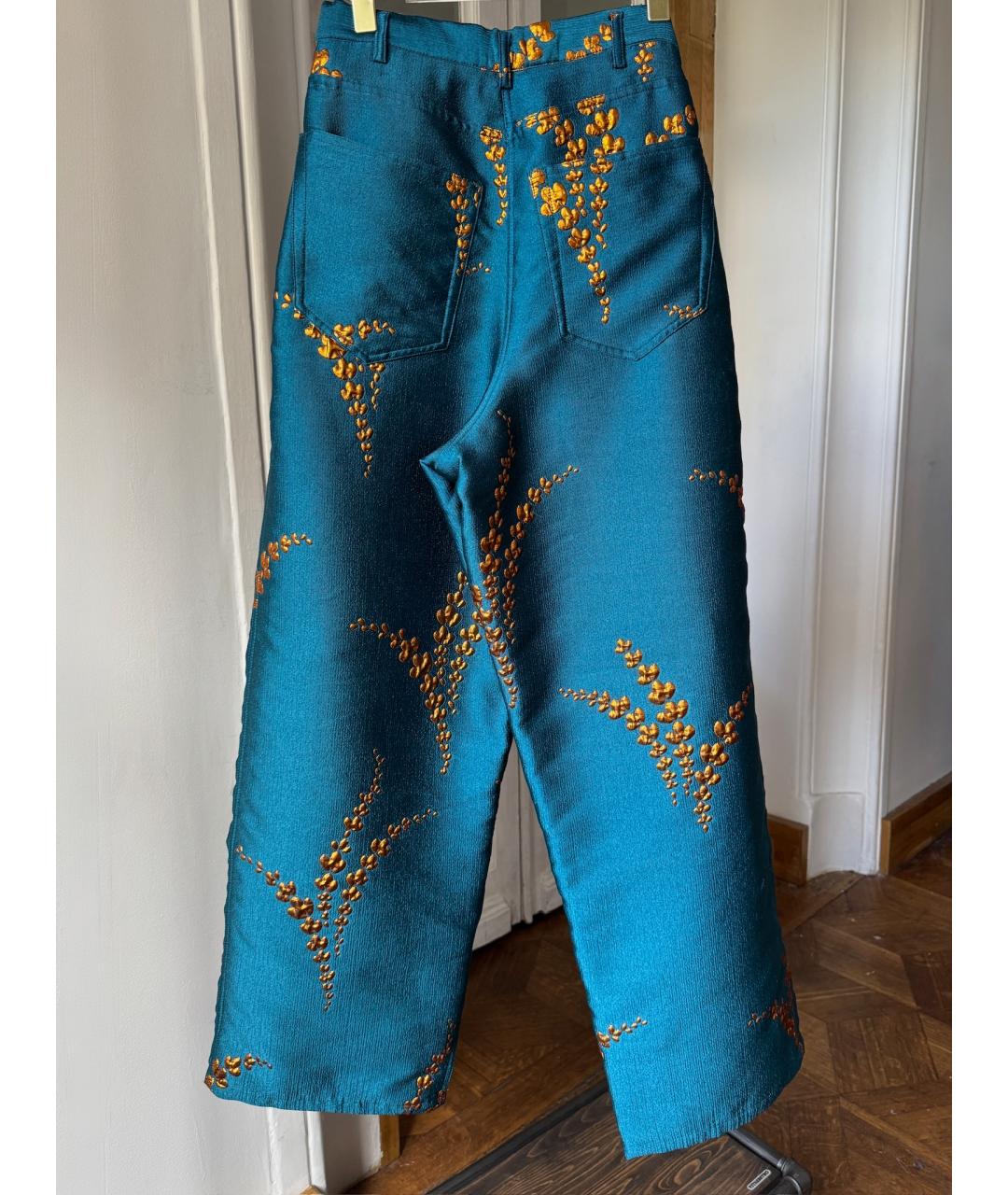 DRIES VAN NOTEN Бирюзовые шелковые прямые брюки, фото 2