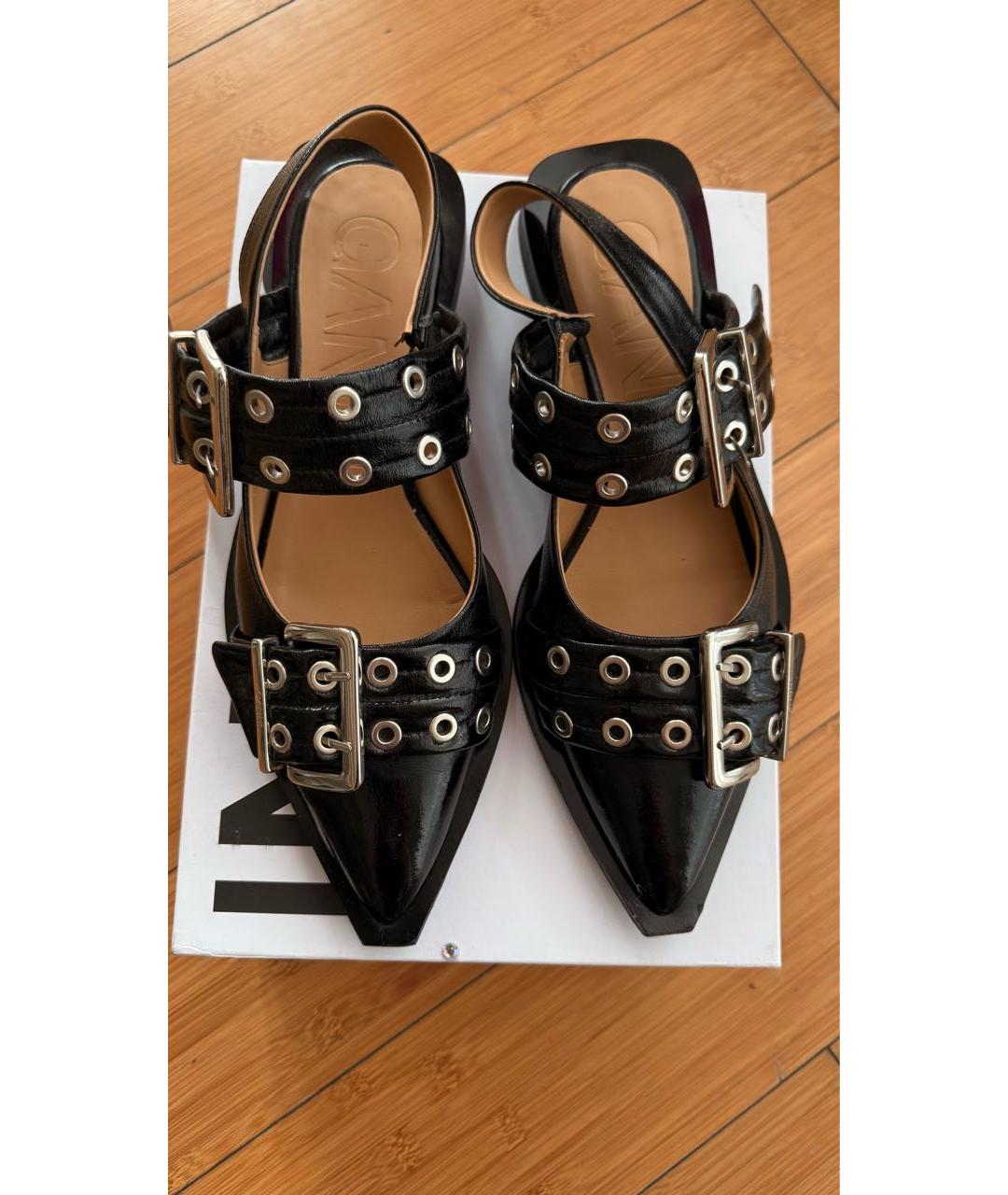 GANNI Черные кожаные лодочки на низком каблуке, фото 2