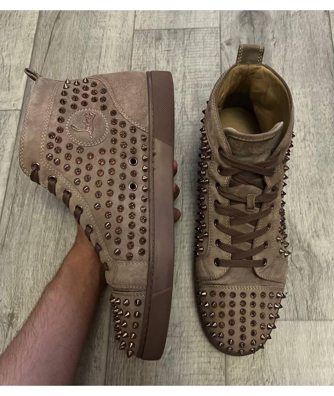 CHRISTIAN LOUBOUTIN Бежевые замшевые высокие кроссовки / кеды, фото 9