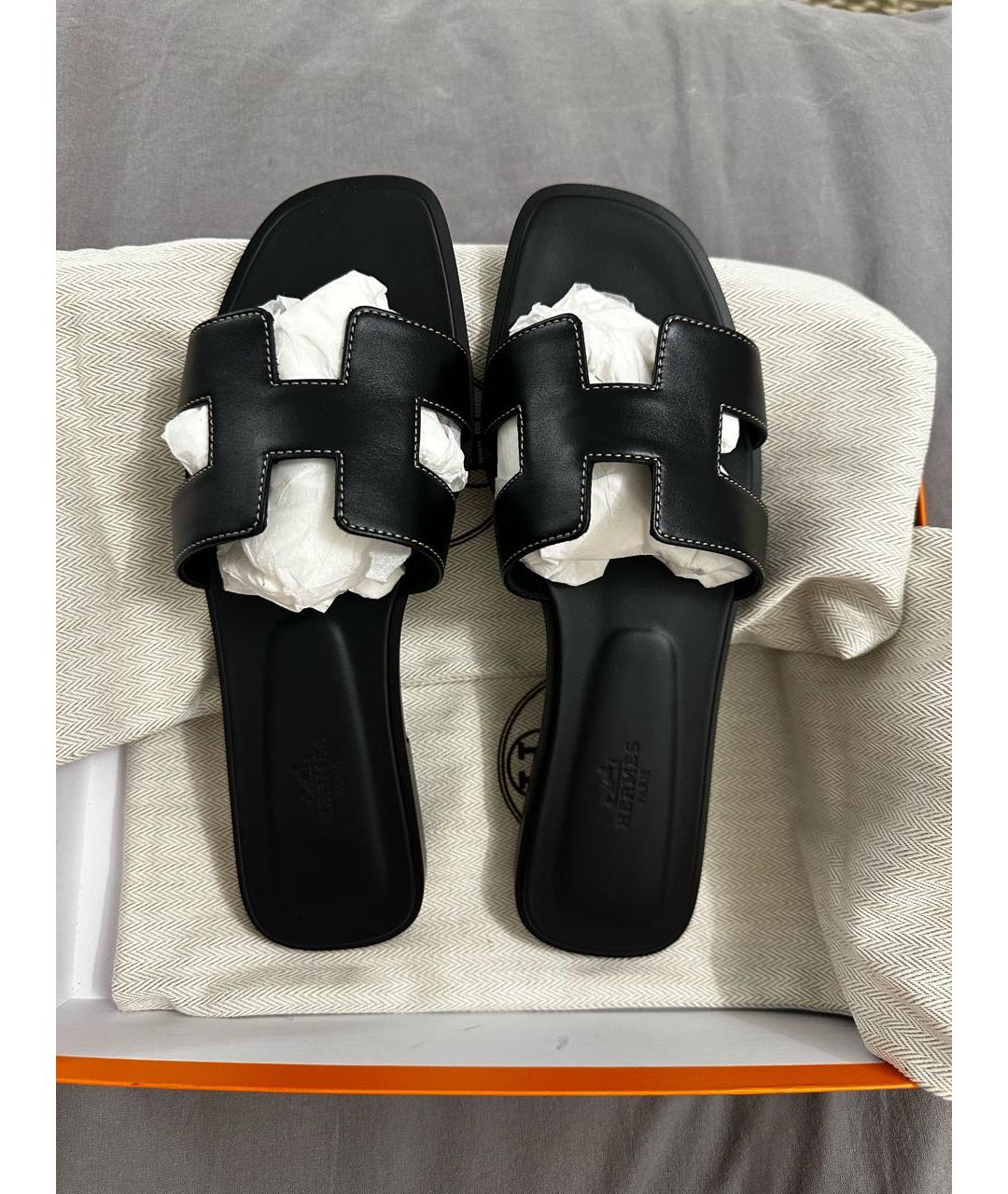 HERMES Черные кожаные шлепанцы, фото 7