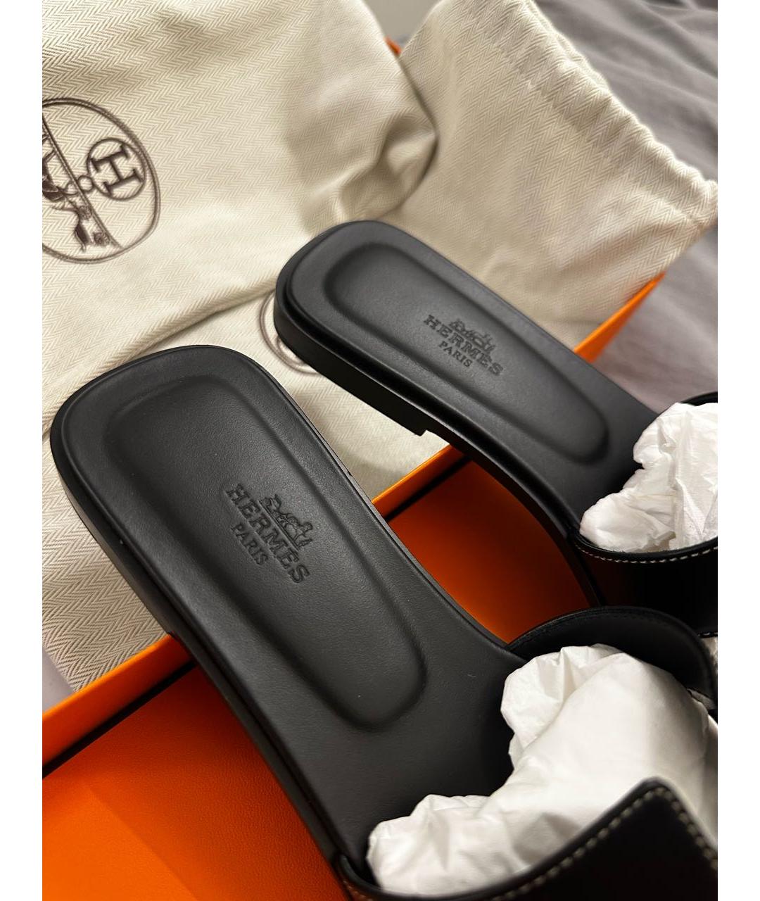 HERMES Черные кожаные шлепанцы, фото 5