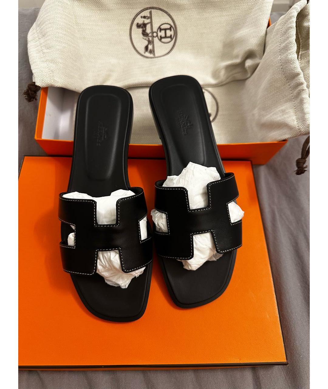 HERMES Черные кожаные шлепанцы, фото 3