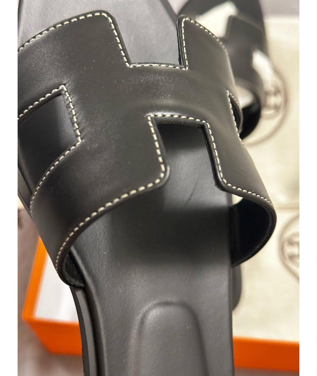 HERMES Черные кожаные шлепанцы, фото 6