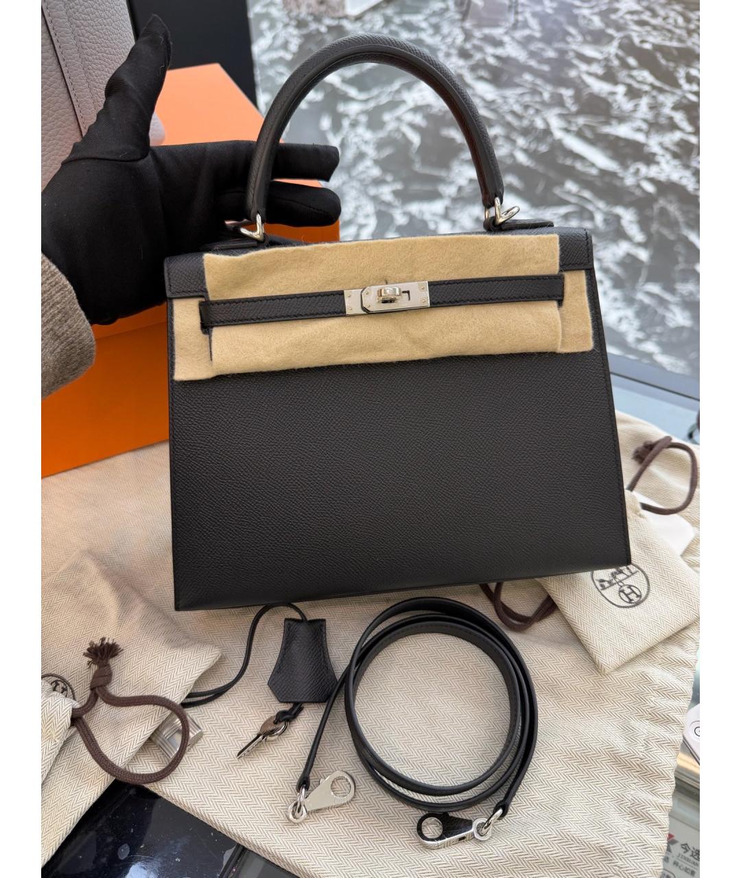 HERMES Черная кожаная сумка с короткими ручками, фото 2