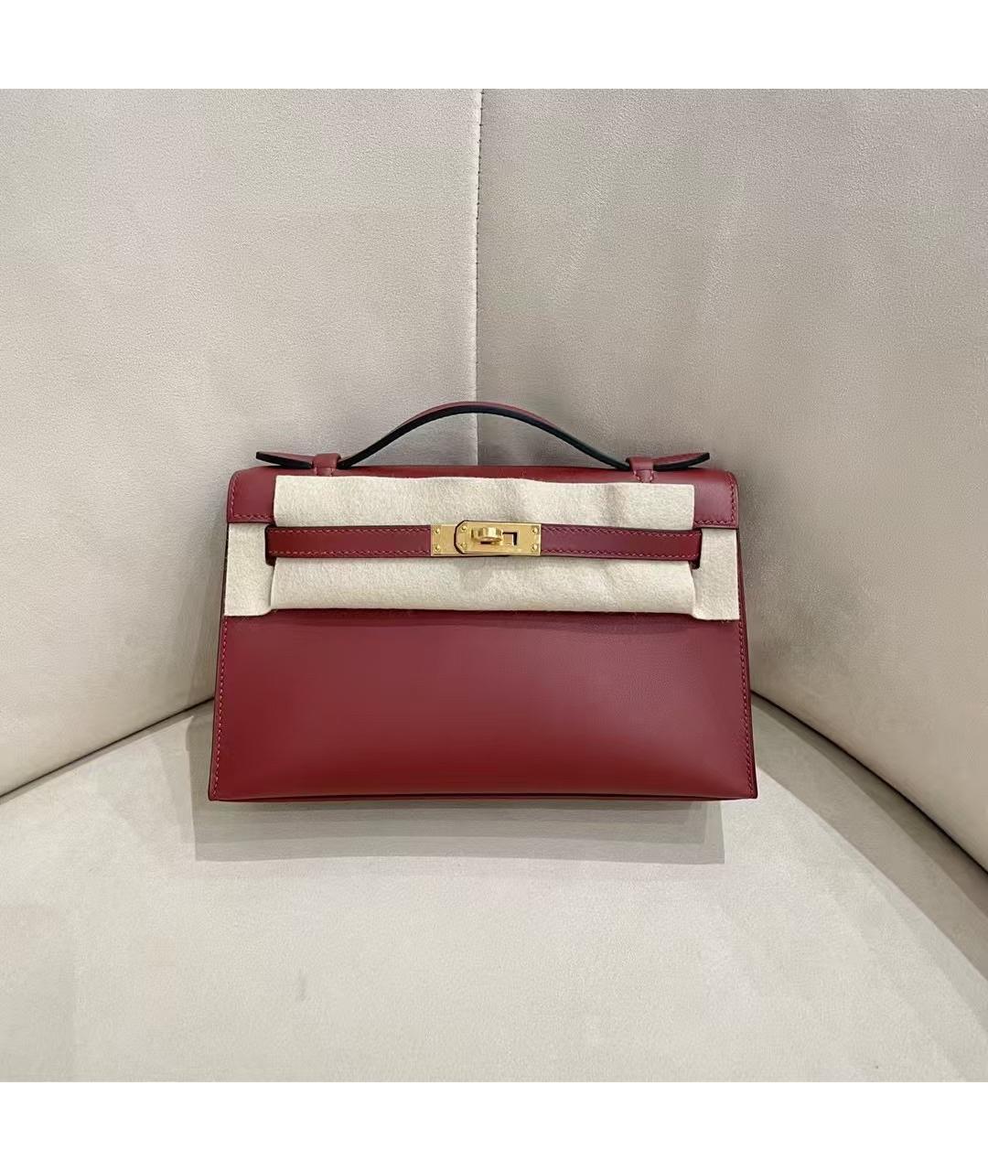 HERMES Бордовая кожаная сумка с короткими ручками, фото 2