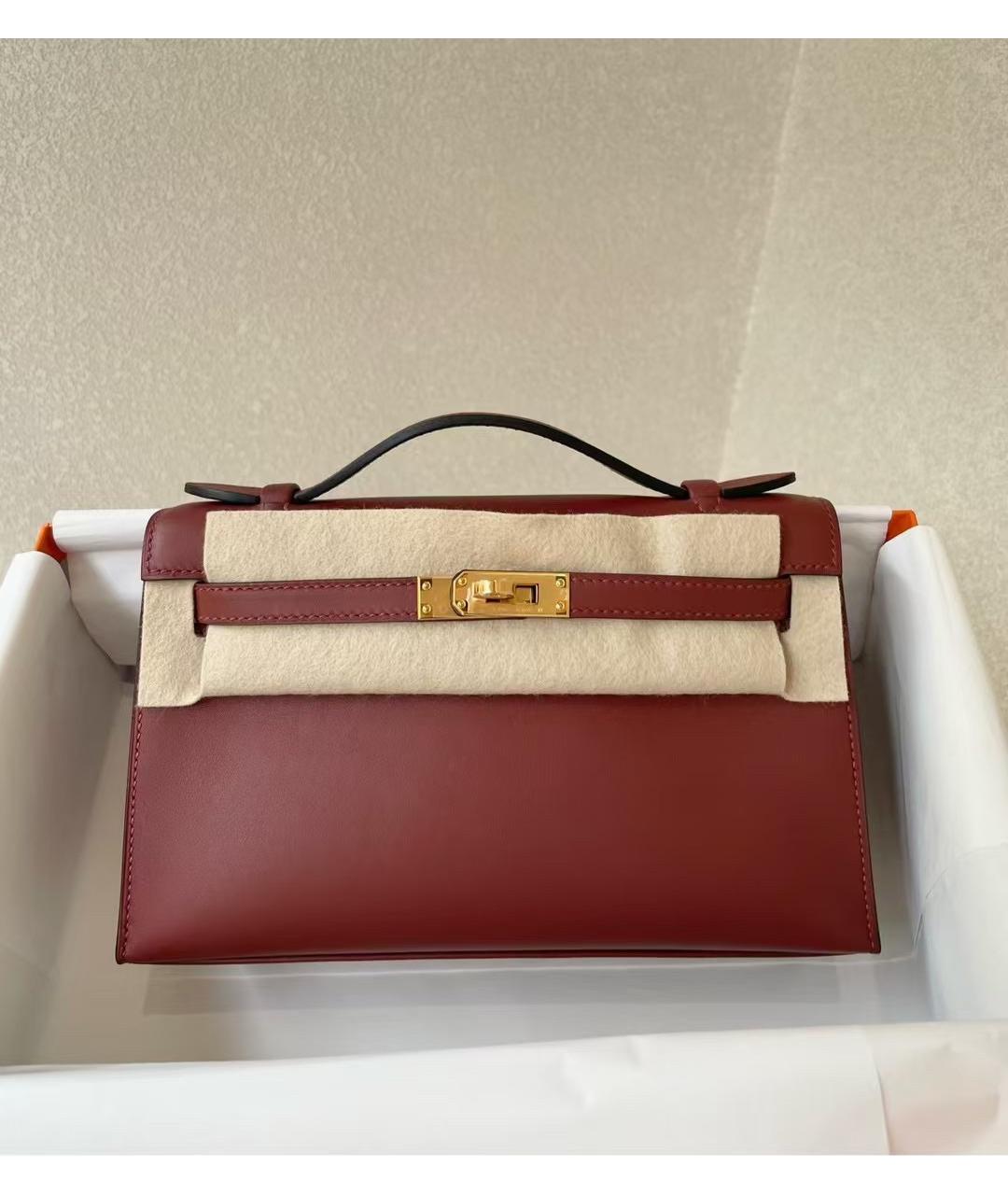 HERMES Бордовая кожаная сумка с короткими ручками, фото 4