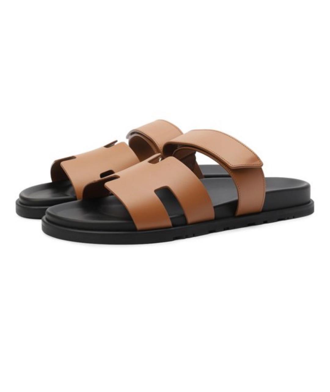 HERMES Коричневые кожаные шлепанцы, фото 3