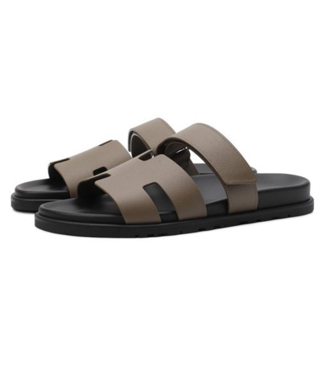 HERMES Серые кожаные шлепанцы, фото 4