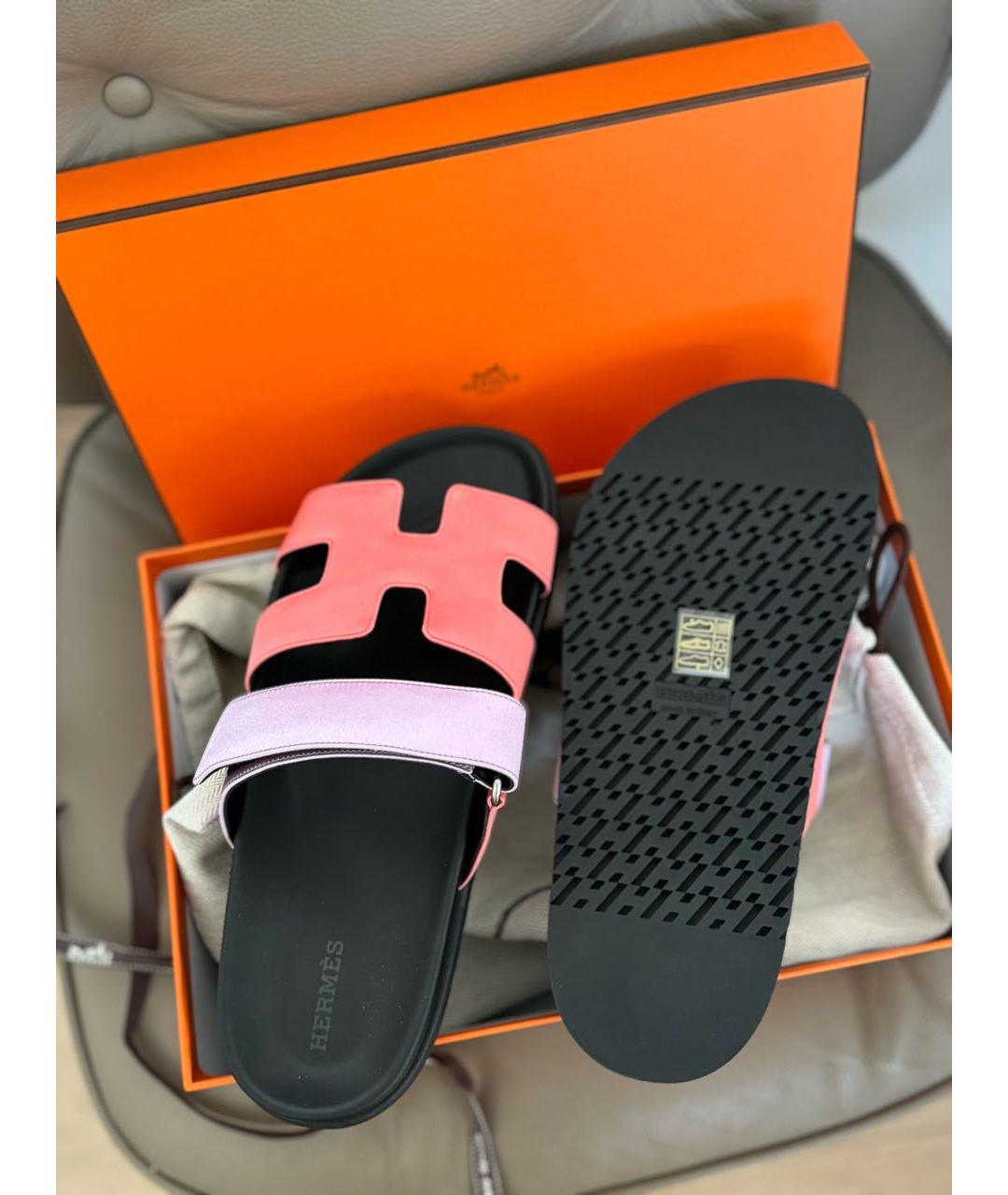 HERMES Коралловые кожаные шлепанцы, фото 4