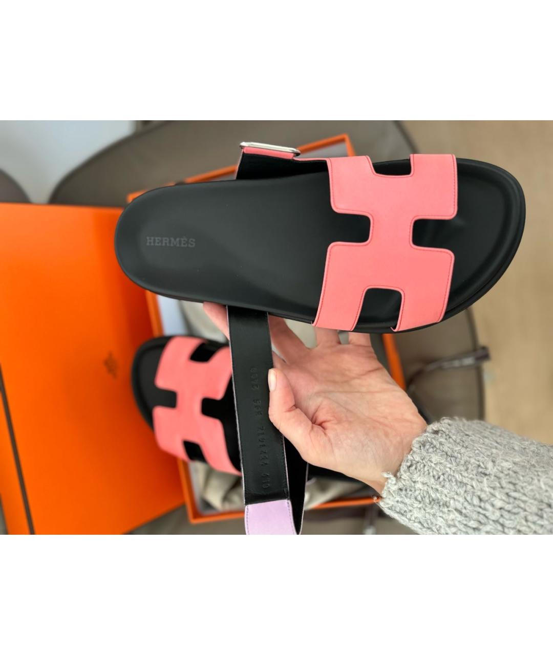 HERMES Коралловые кожаные шлепанцы, фото 5