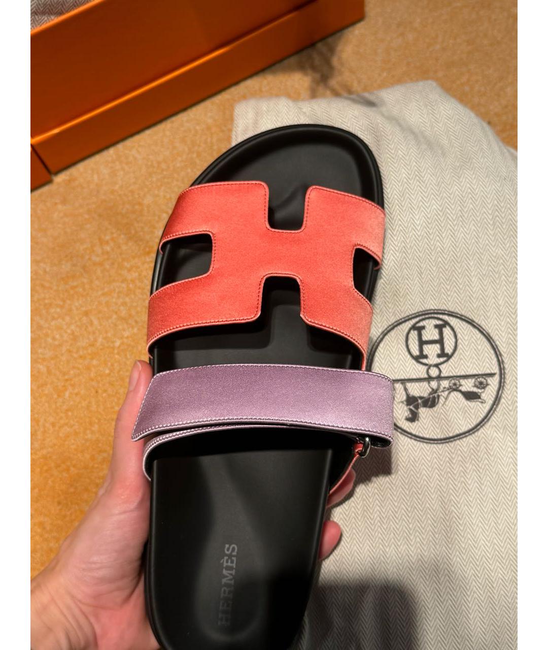 HERMES Коралловые кожаные шлепанцы, фото 3