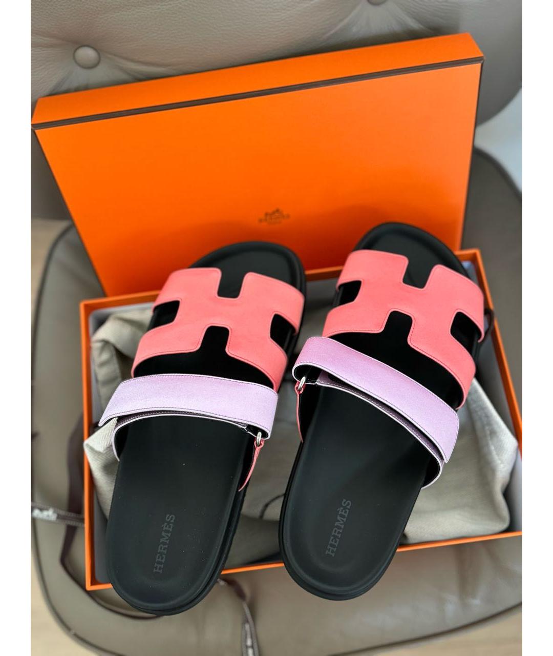 HERMES Коралловые кожаные шлепанцы, фото 2
