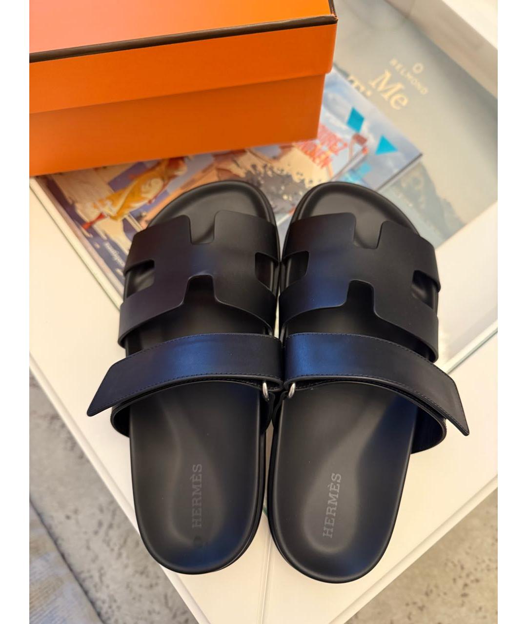 HERMES Черные кожаные шлепанцы, фото 3