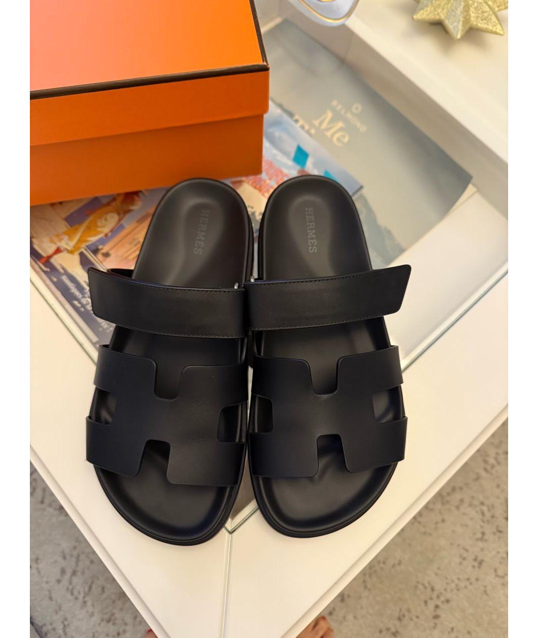 HERMES Черные кожаные шлепанцы, фото 2