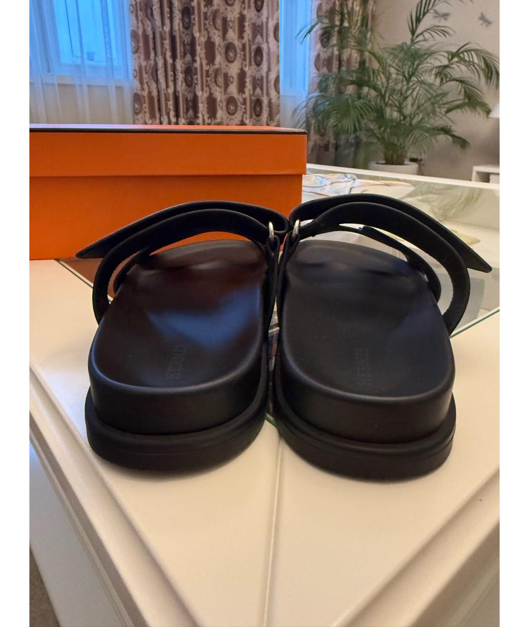HERMES Черные кожаные шлепанцы, фото 4