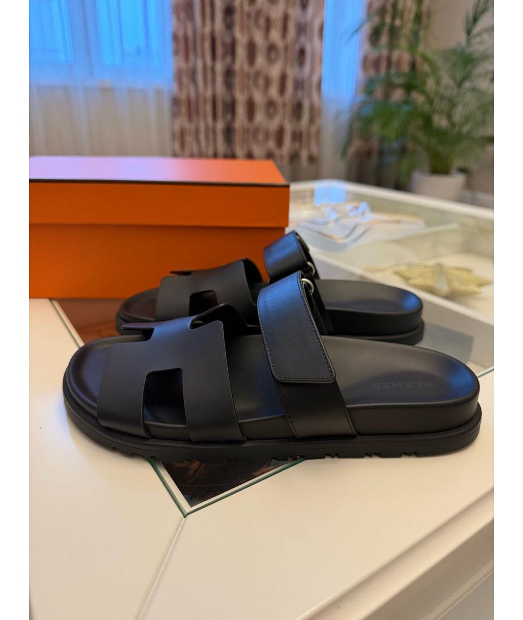 HERMES Черные кожаные шлепанцы, фото 5
