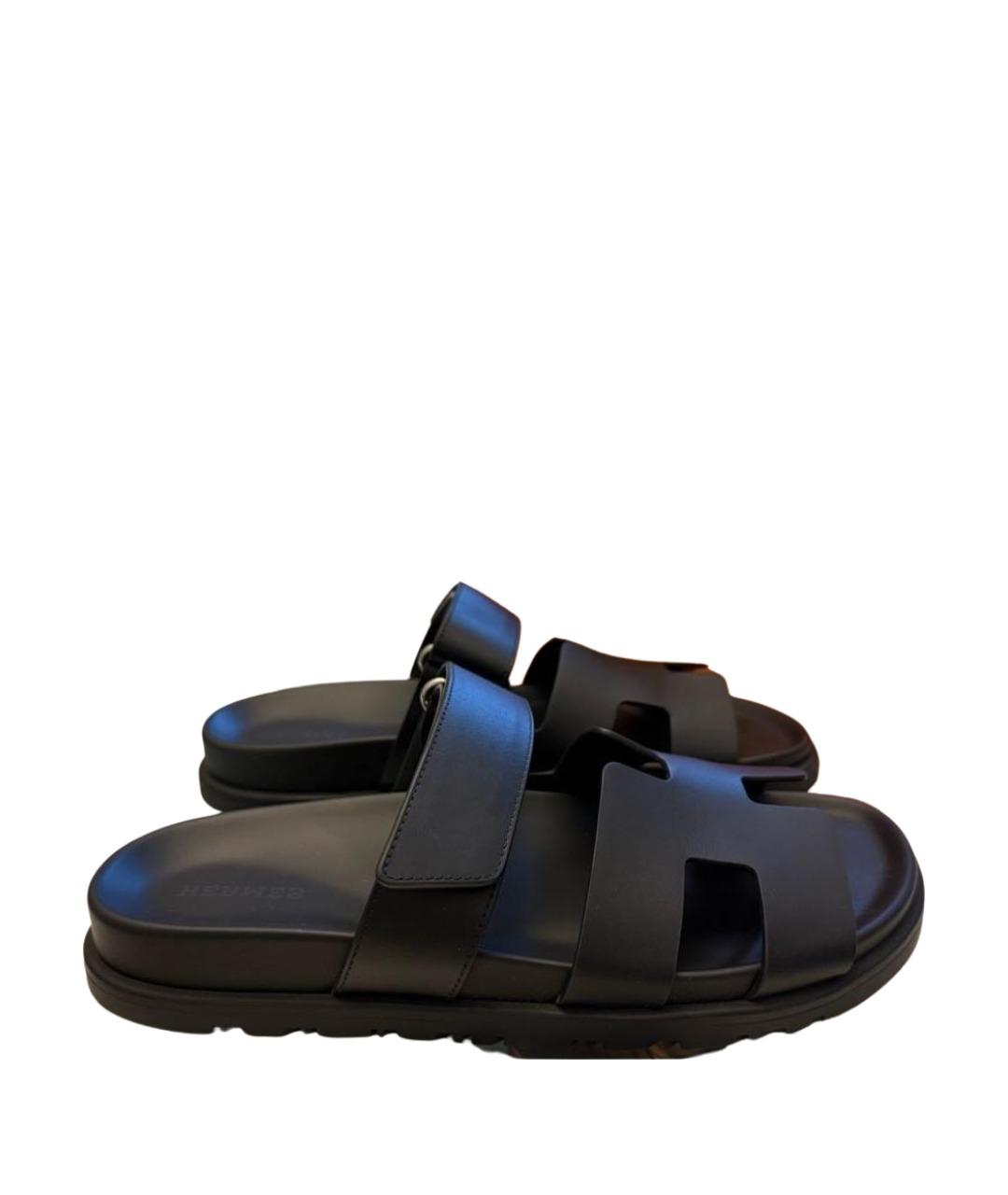 HERMES Черные кожаные шлепанцы, фото 1