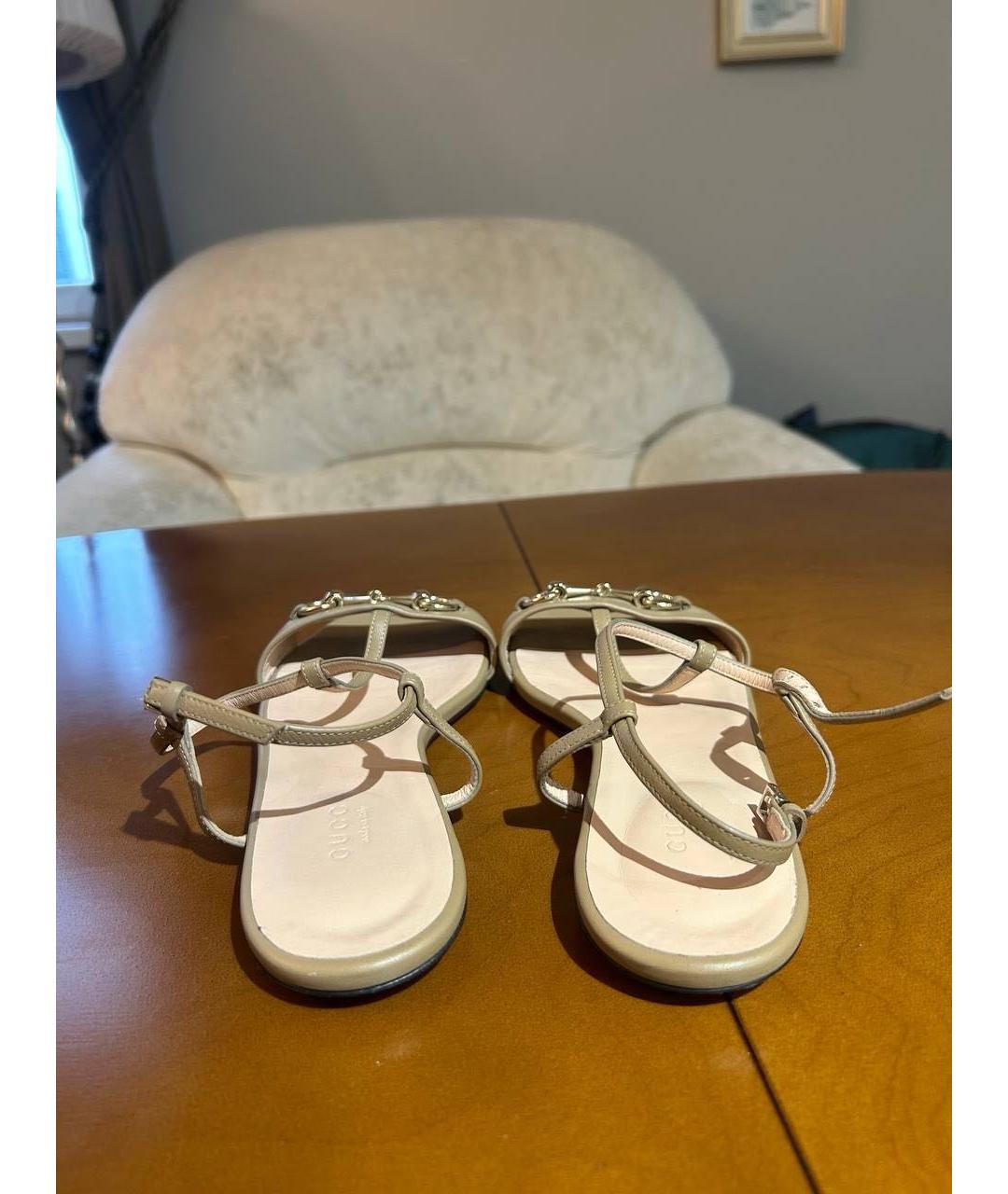 GUCCI Бежевые кожаные босоножки, фото 4