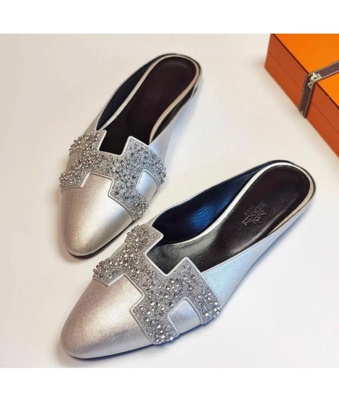 HERMES Серебряные кожаные балетки, фото 3