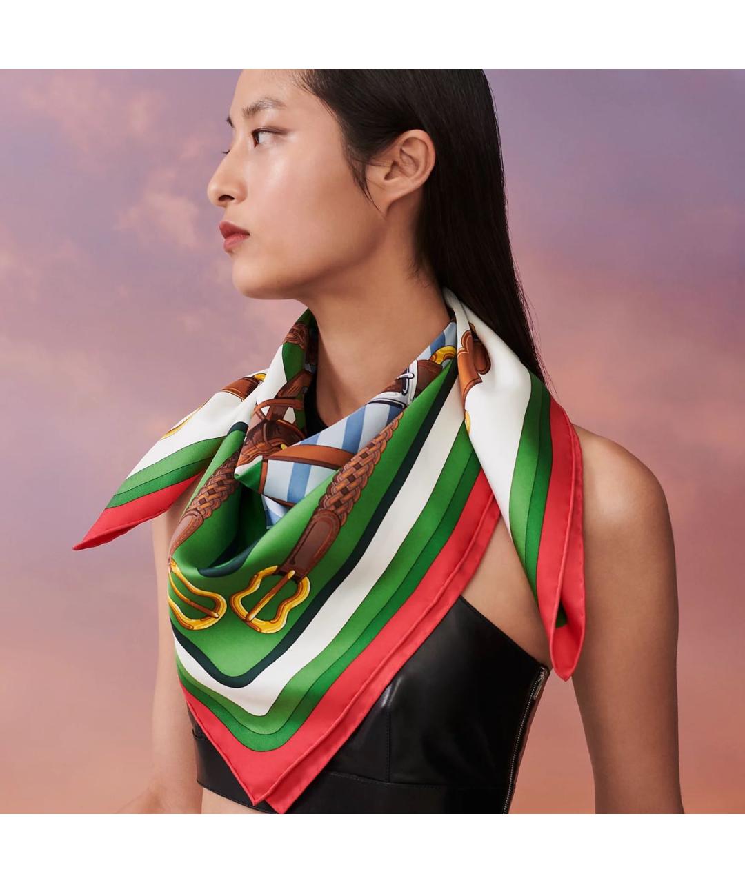 HERMES Зеленый шелковый платок, фото 2