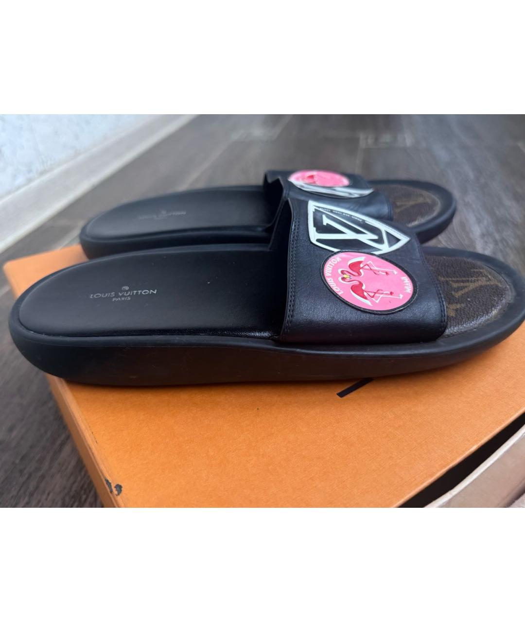LOUIS VUITTON Черные кожаные шлепанцы, фото 7