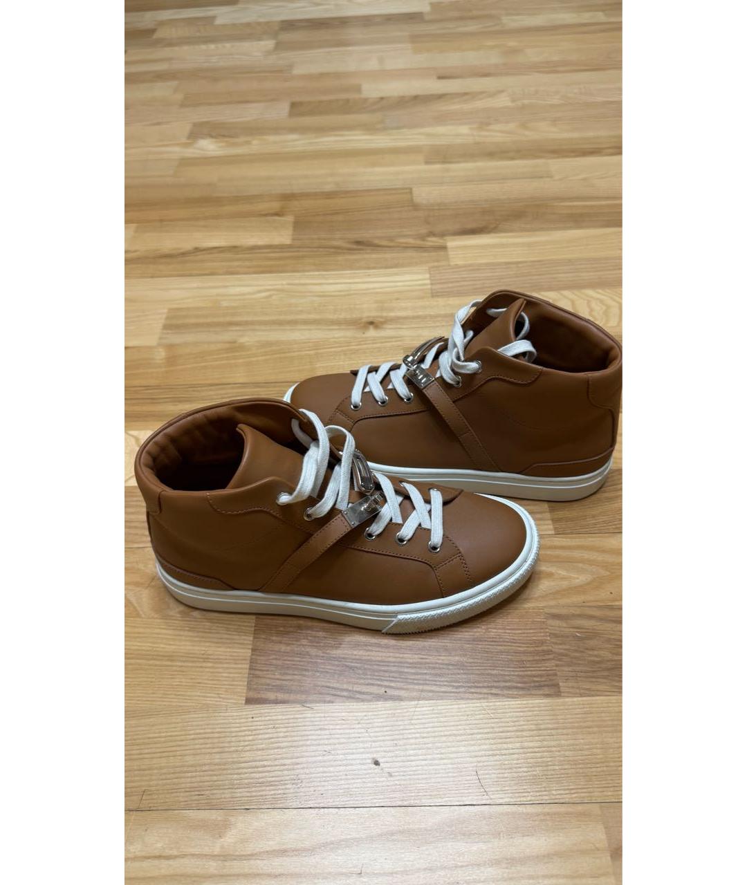 HERMES Коричневые кожаные кеды, фото 9