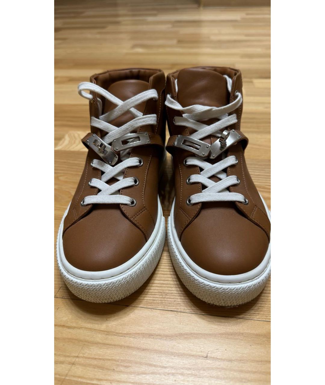 HERMES Коричневые кожаные кеды, фото 5