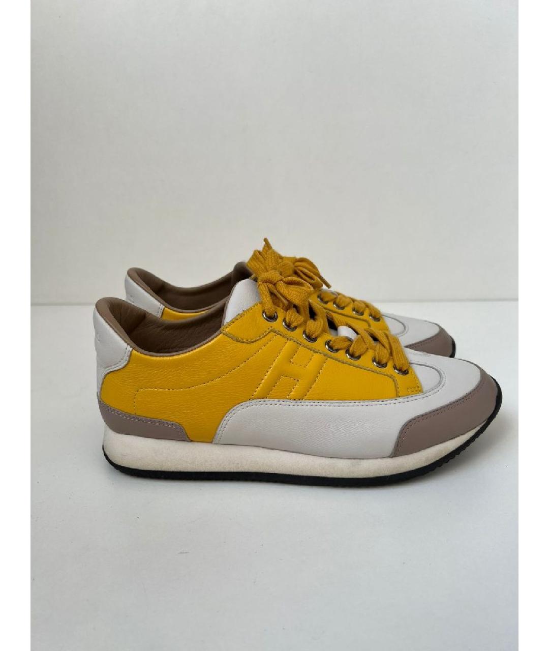 HERMES Бежевые кожаные кроссовки, фото 9