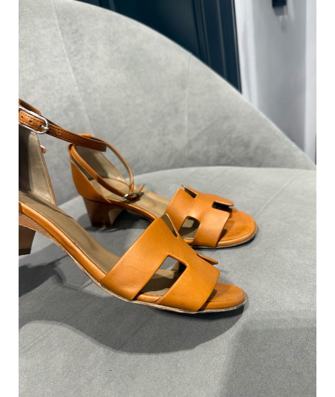 HERMES Коричневые кожаные босоножки, фото 4