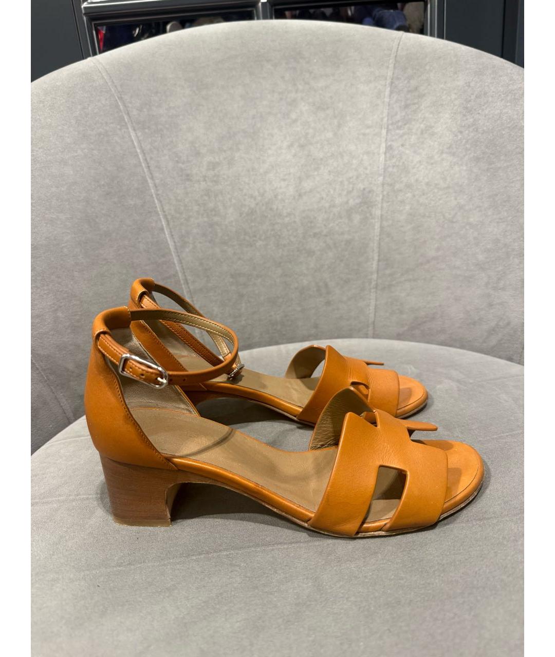 HERMES Коричневые кожаные босоножки, фото 9