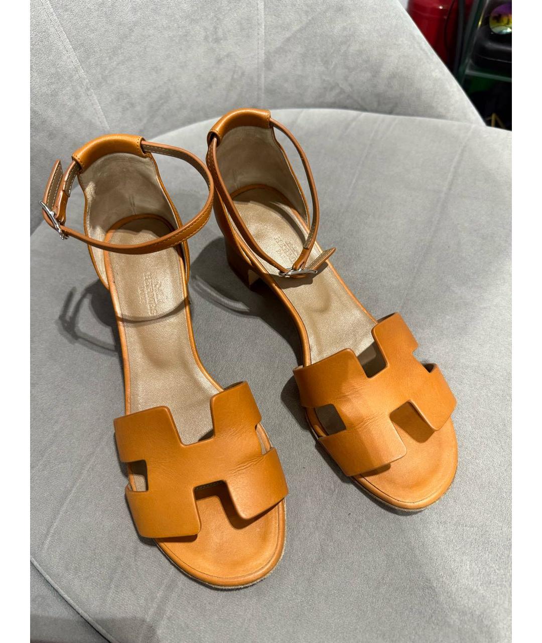 HERMES Коричневые кожаные босоножки, фото 8