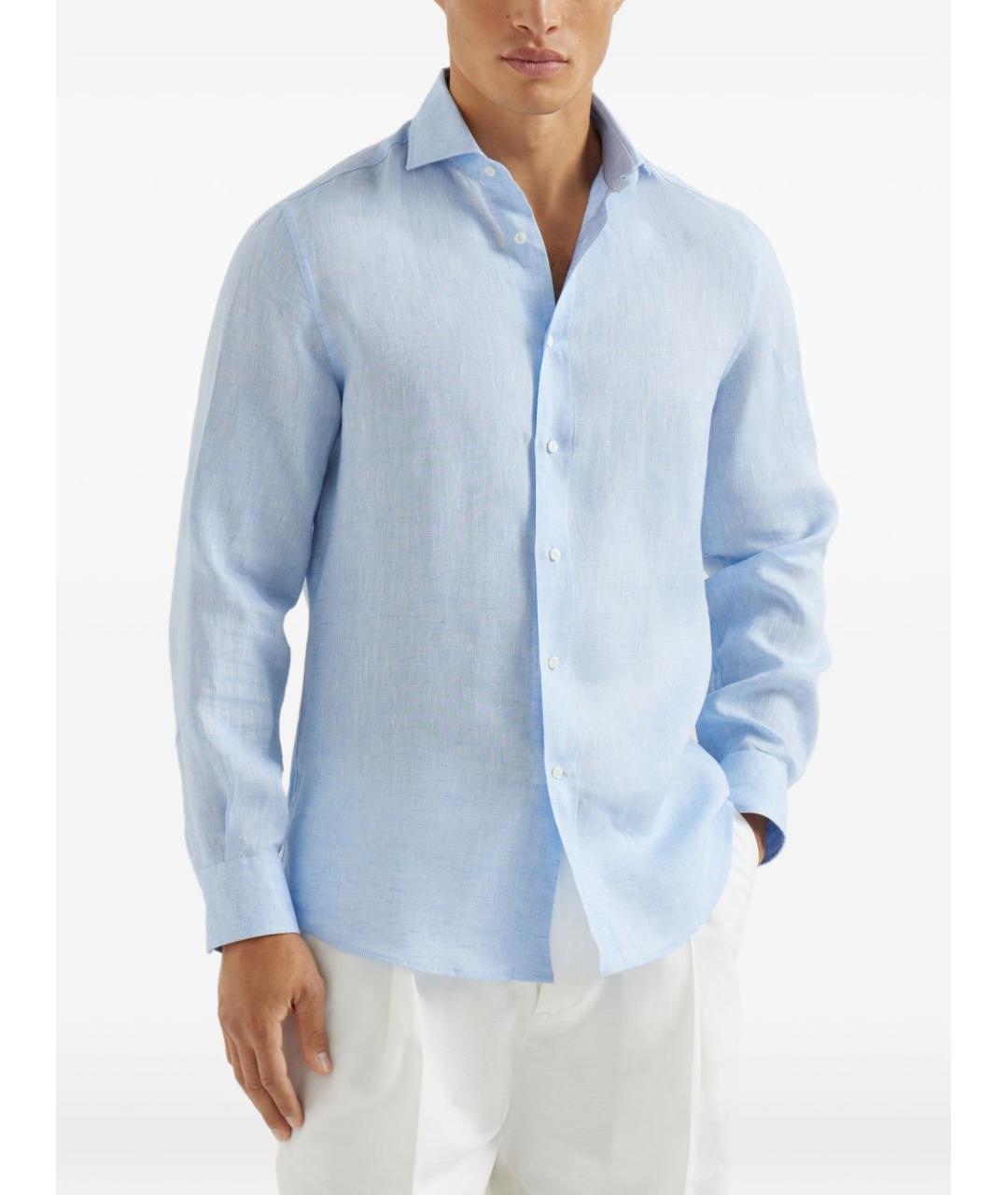 BRUNELLO CUCINELLI Синяя льняная кэжуал рубашка, фото 3