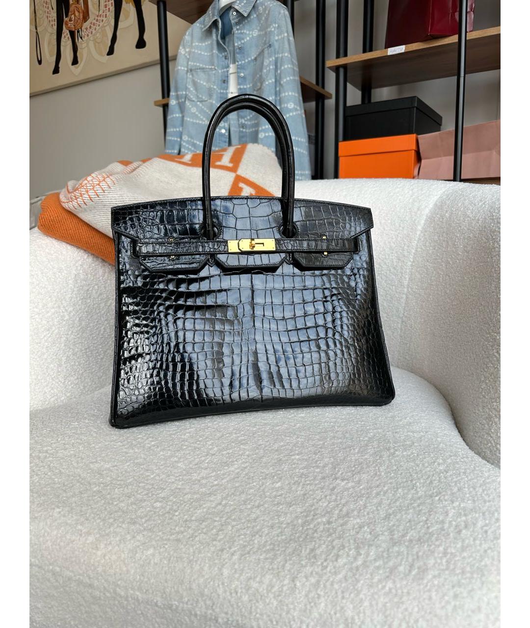 HERMES Черная сумка с короткими ручками из экзотической кожи, фото 9