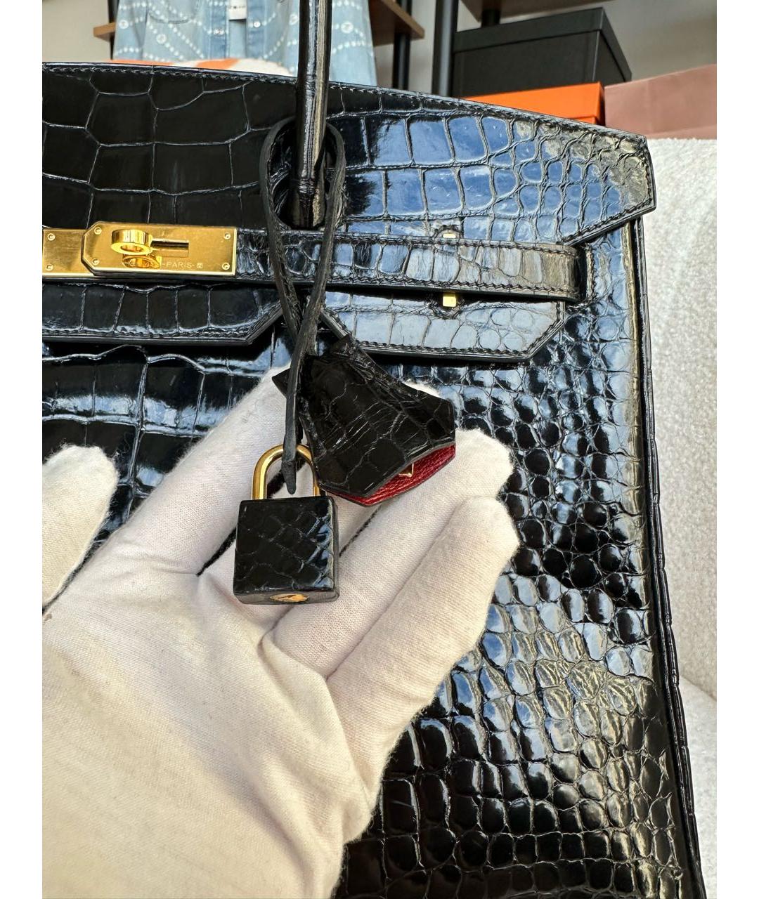 HERMES Черная сумка с короткими ручками из экзотической кожи, фото 6