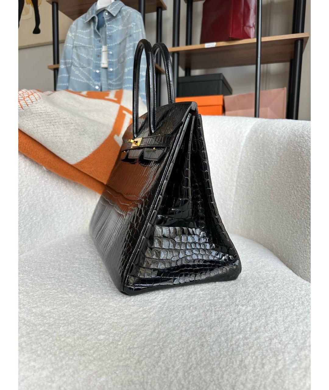 HERMES Черная сумка с короткими ручками из экзотической кожи, фото 3