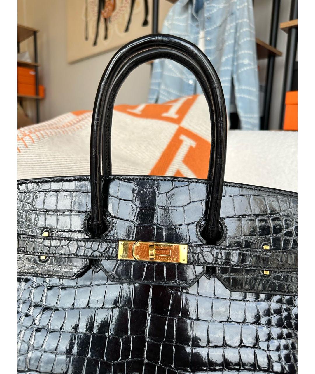HERMES Черная сумка с короткими ручками из экзотической кожи, фото 2
