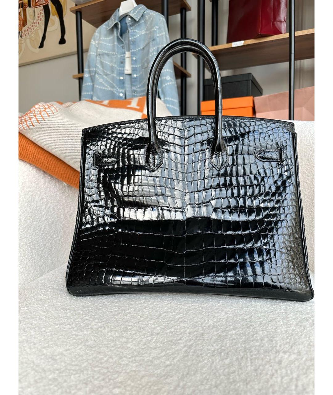 HERMES Черная сумка с короткими ручками из экзотической кожи, фото 4