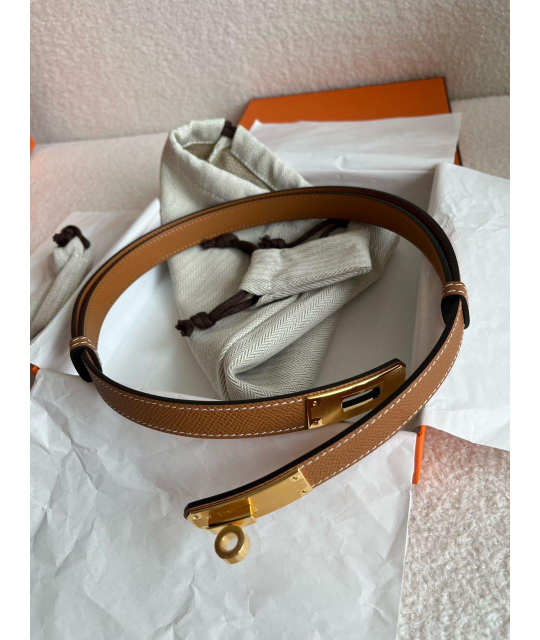 HERMES Золотой кожаный ремень, фото 4