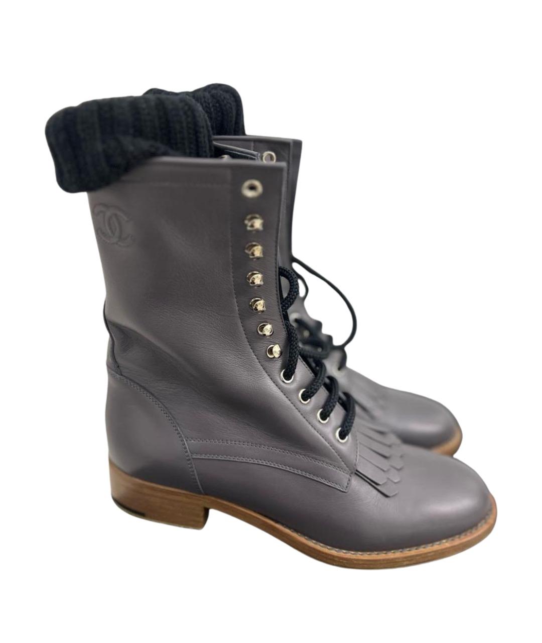 CHANEL Антрацитовые кожаные ботинки, фото 1