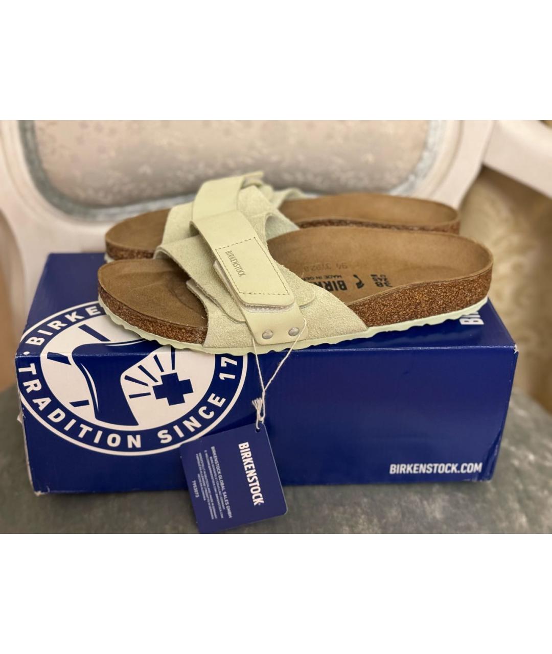 BIRKENSTOCK Салатовые замшевые шлепанцы, фото 8