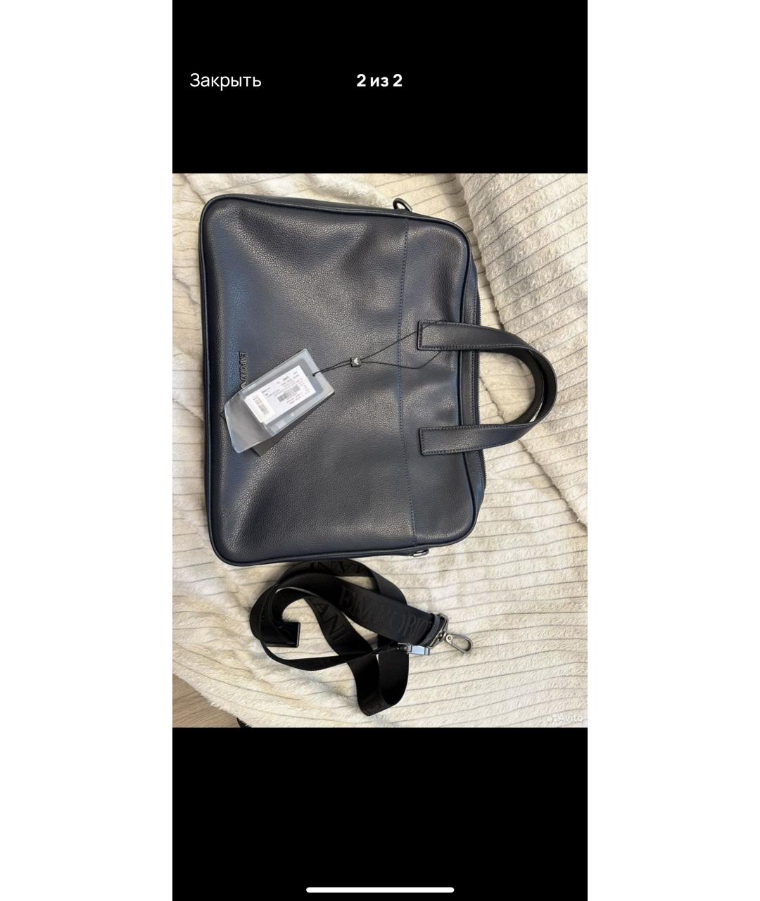 EMPORIO ARMANI Темно-синий кожаный портфель, фото 2