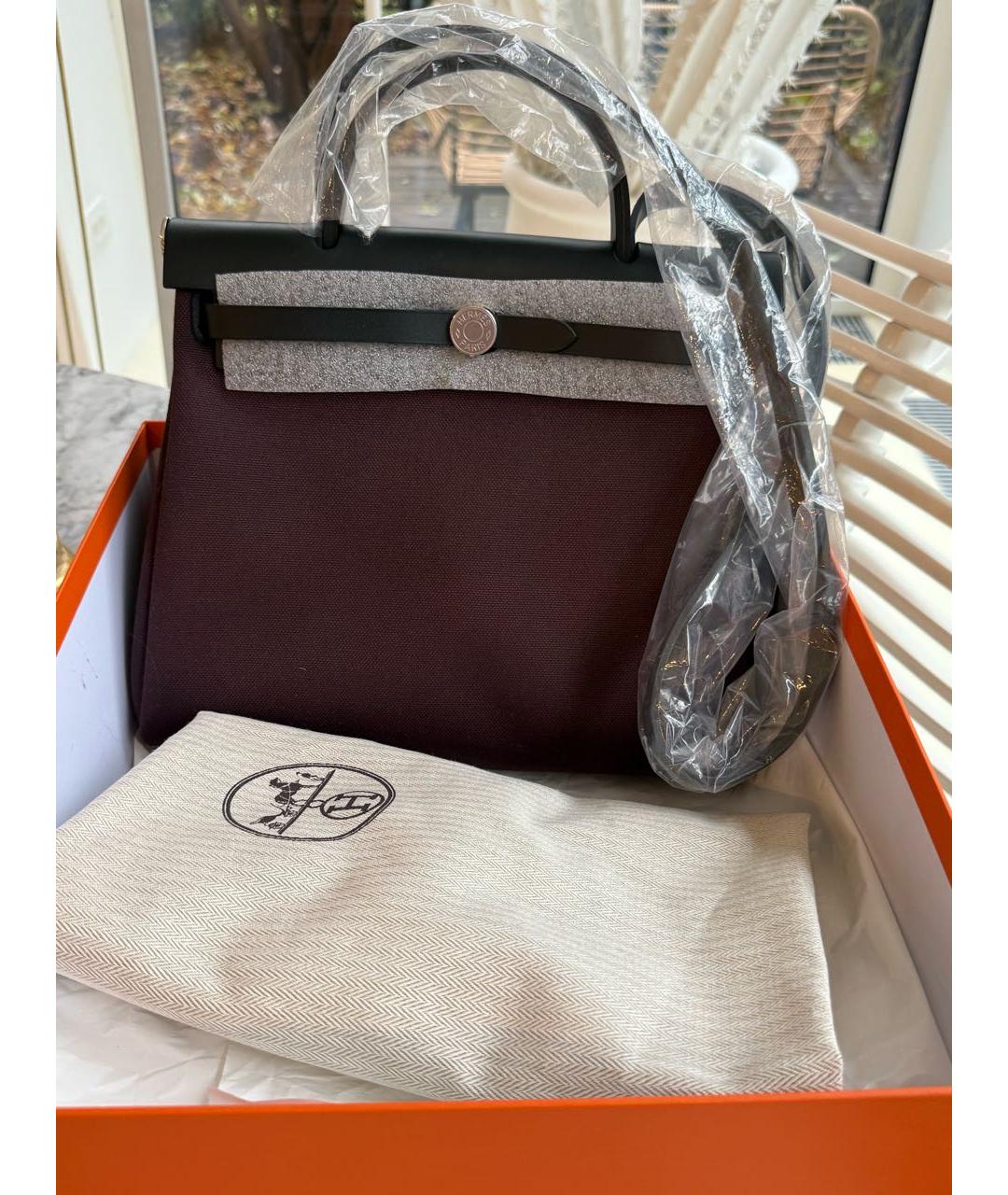 HERMES Бордовая тканевая сумка с короткими ручками, фото 5