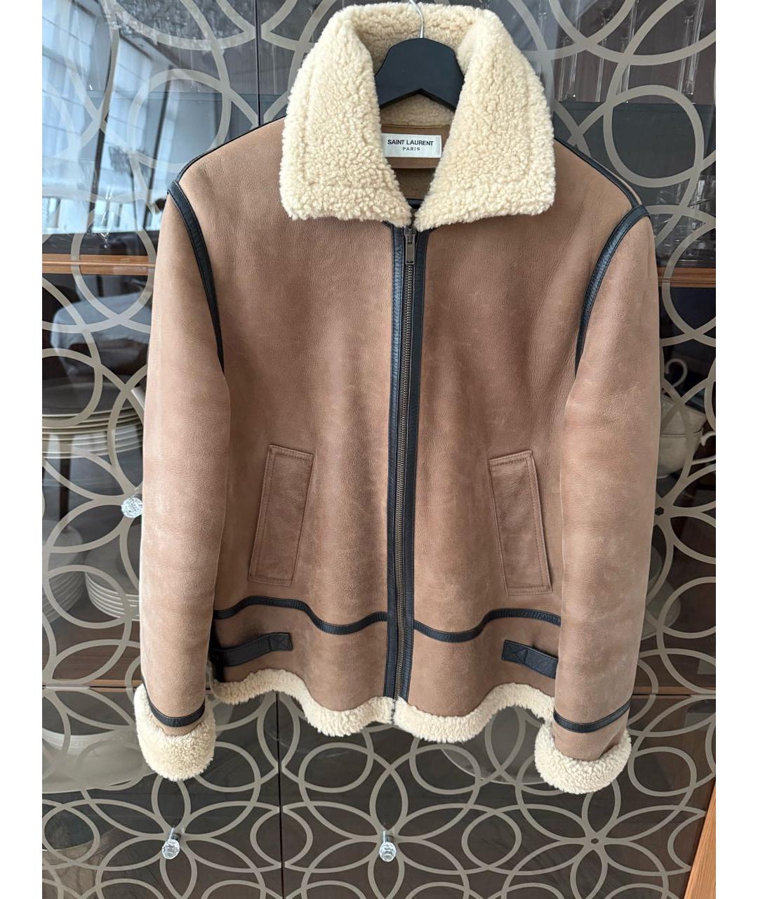 SAINT LAURENT Бежевая кожаная дубленка, фото 5