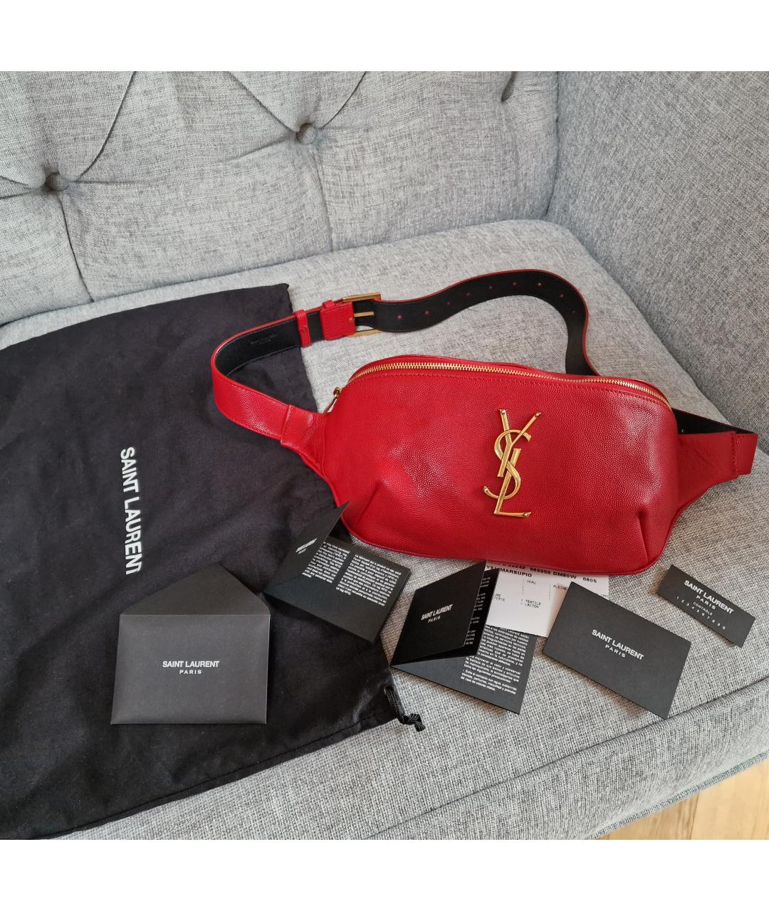 SAINT LAURENT Красная кожаная поясная сумка, фото 2