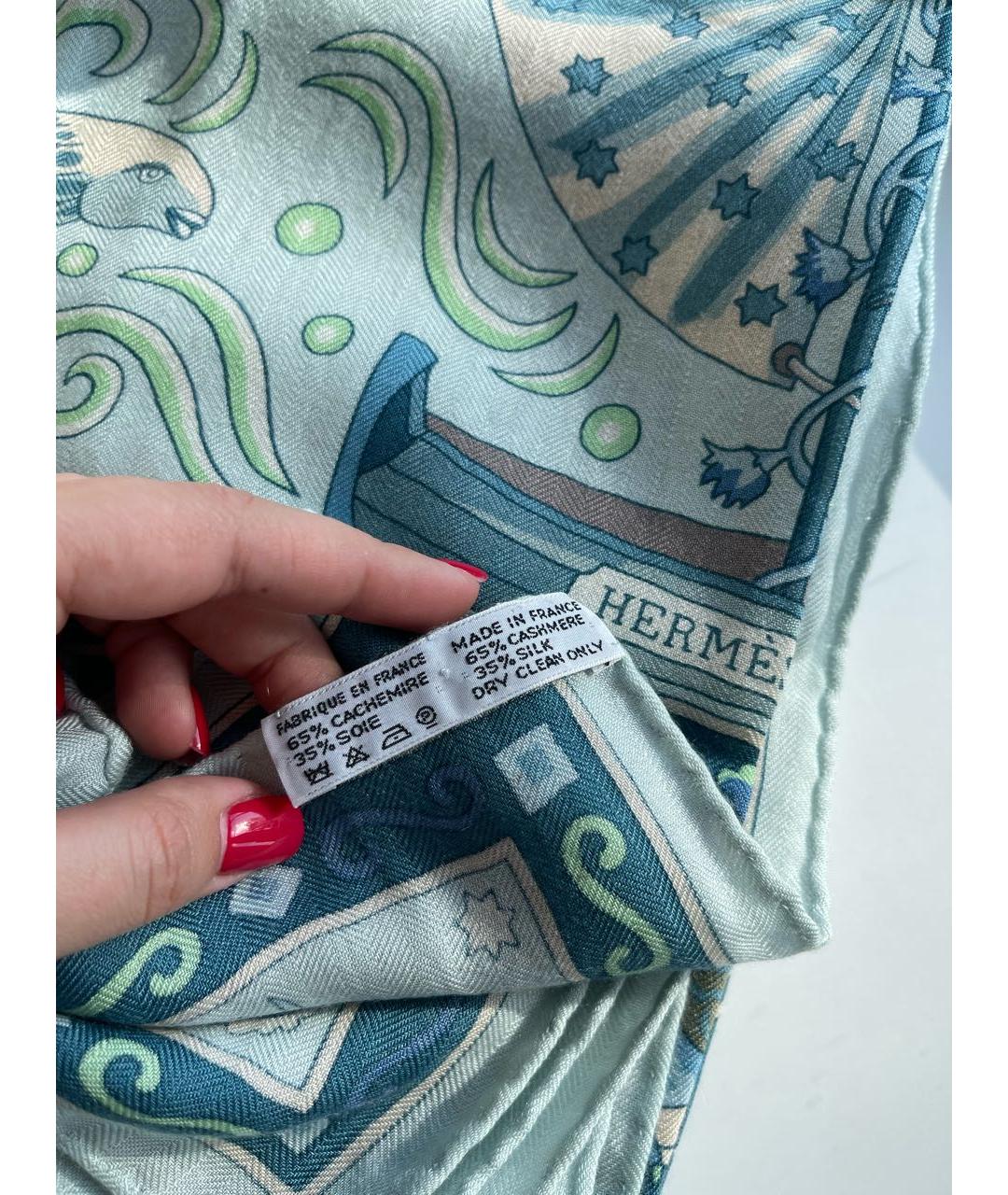 HERMES Бирюзовый кашемировый платок, фото 4